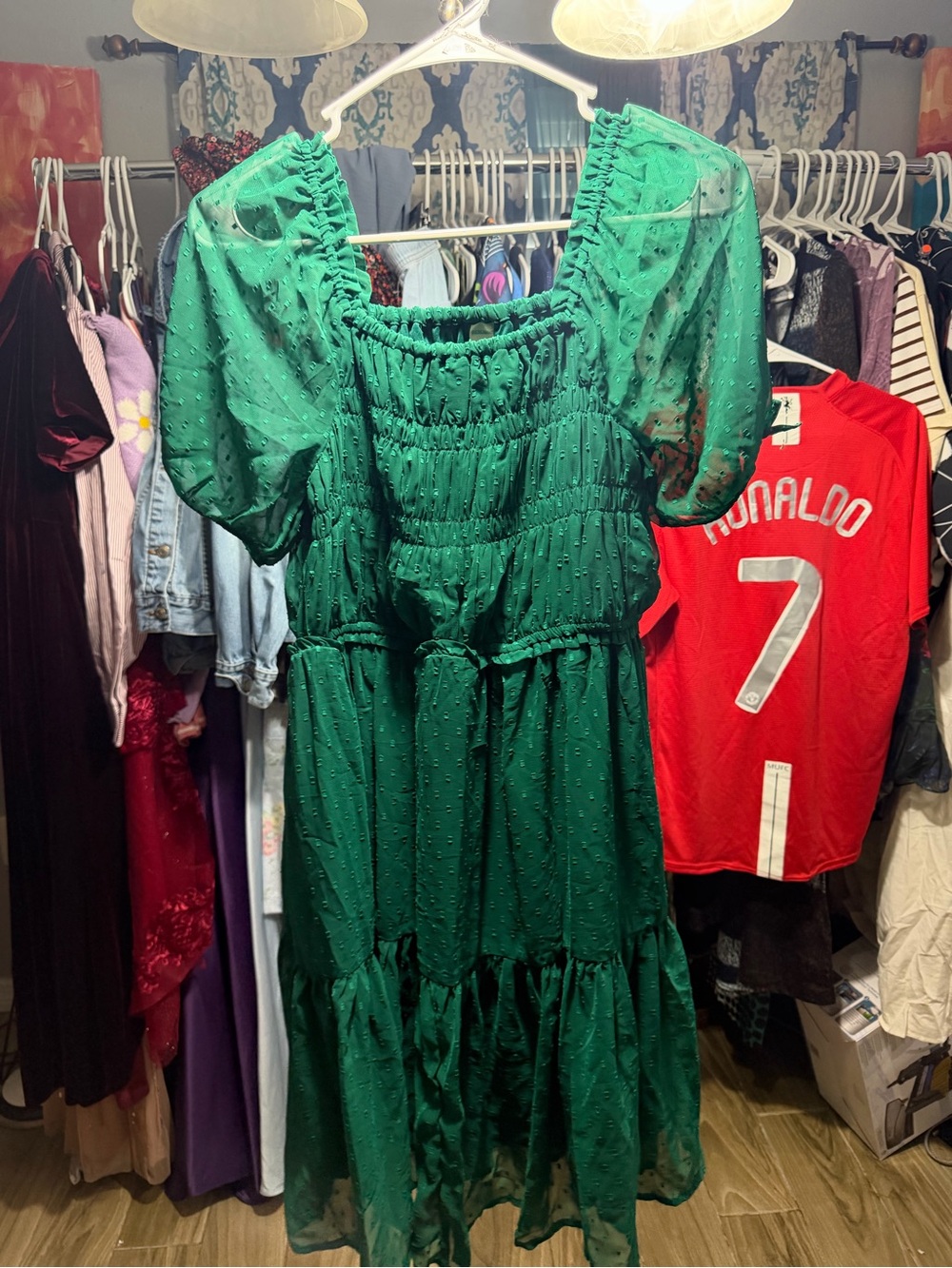 Sheer Puff-Sleeve Emerald Green Midi Dress